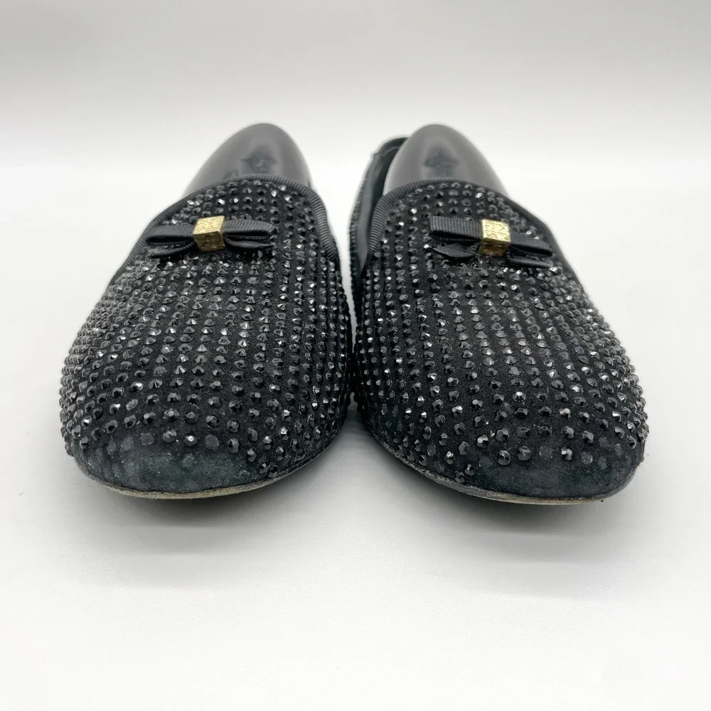 Tory Burch Womens 7M Chandra Black Crystal Suede Smoking Loafer Flat Preppy Glam